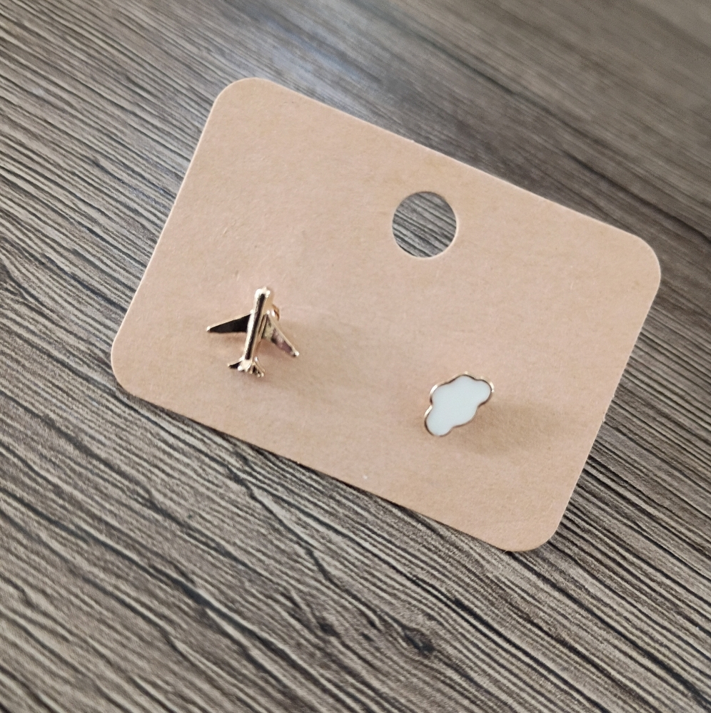 Gold and White Airplane and Cloud Earrings